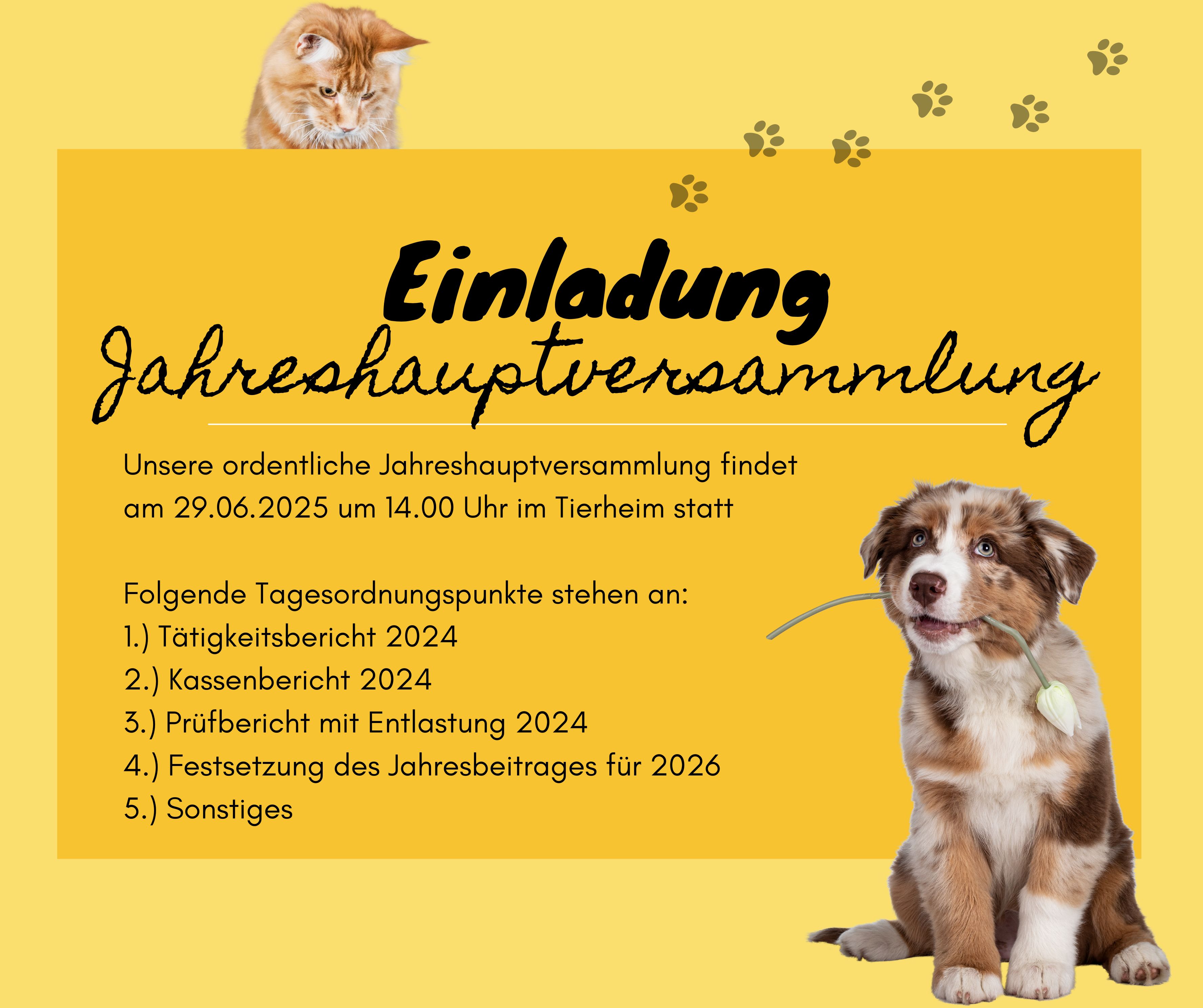 Einladung zur Jahreshauptversammlung 2025 im Tierheim am 29. Juni 2025 um 14.00 Uhr
