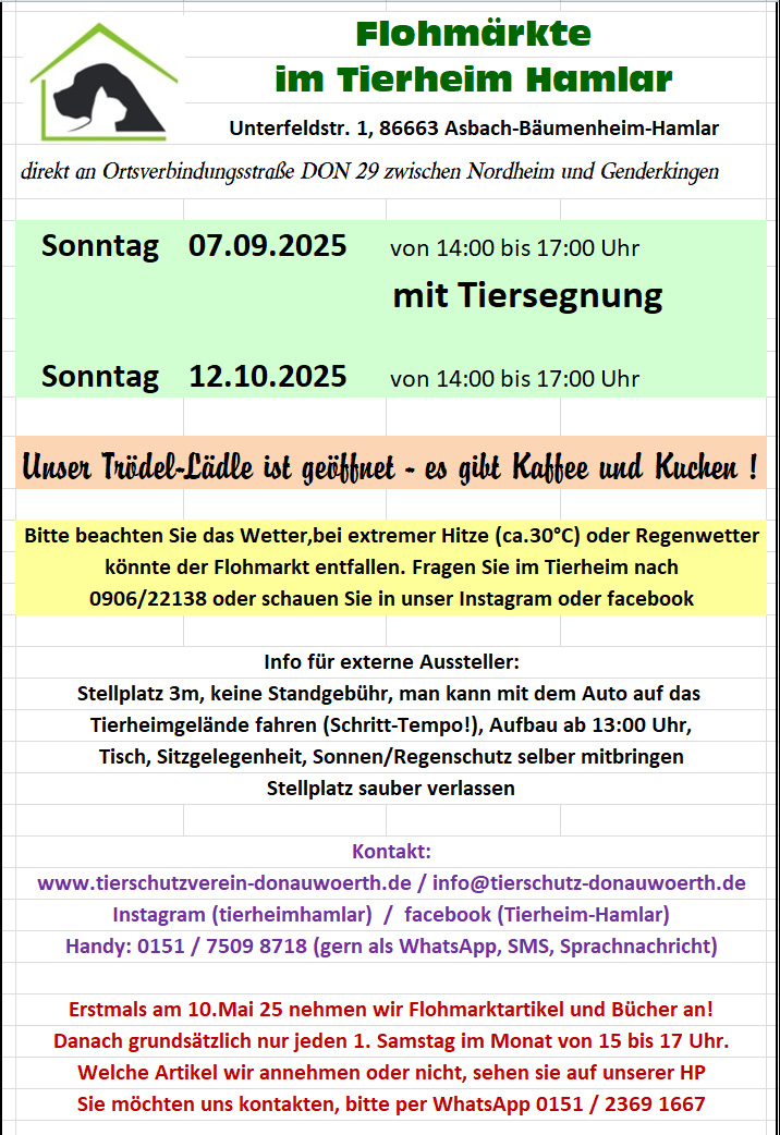 Flohmärkte im Tierheim Hamlar 2025